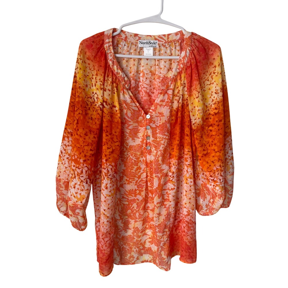 NorthStyle Orange Yellow Floral Print Button V-Neck Tunic Blouse Large Womens